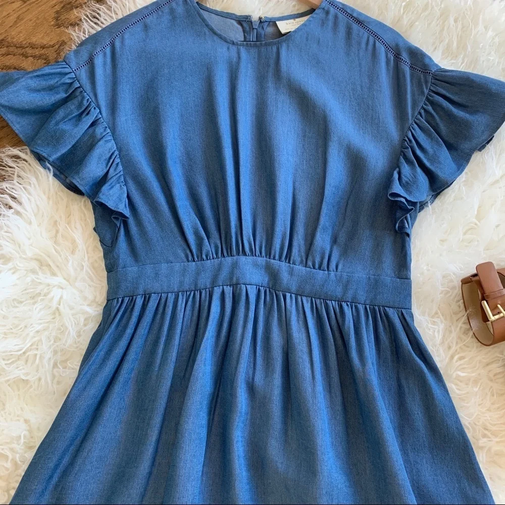 NEW KATE SPADE Chambray Fluffer Sleeve Ruffle Hem Indigo Mini Dress size 8 - Picture 5 of 16